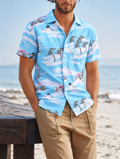 Trendy Men's Resort Wear All-Over Tropical Print Button-Up Shirt Men Gym From House Light Blue Mountain 2XL