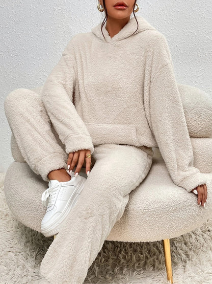 Winter Plush Pajama Set Fashion Casual Hooded Top And Elastic Band Women null Apricot 2XL