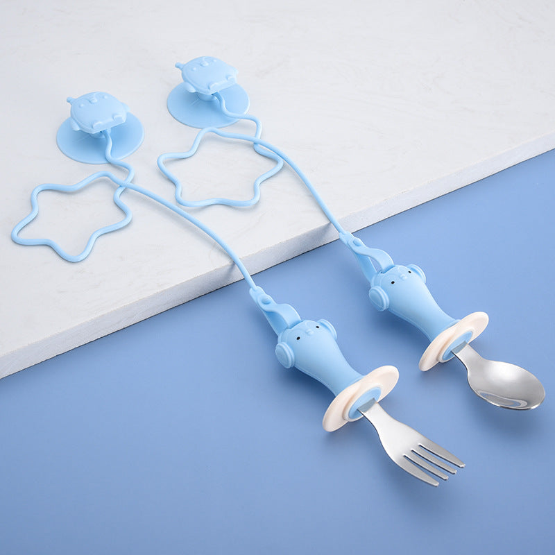 Infant Stainless Steel Training Spoon Fork Silicone Anti-drop Kids dealsniper-net Blue