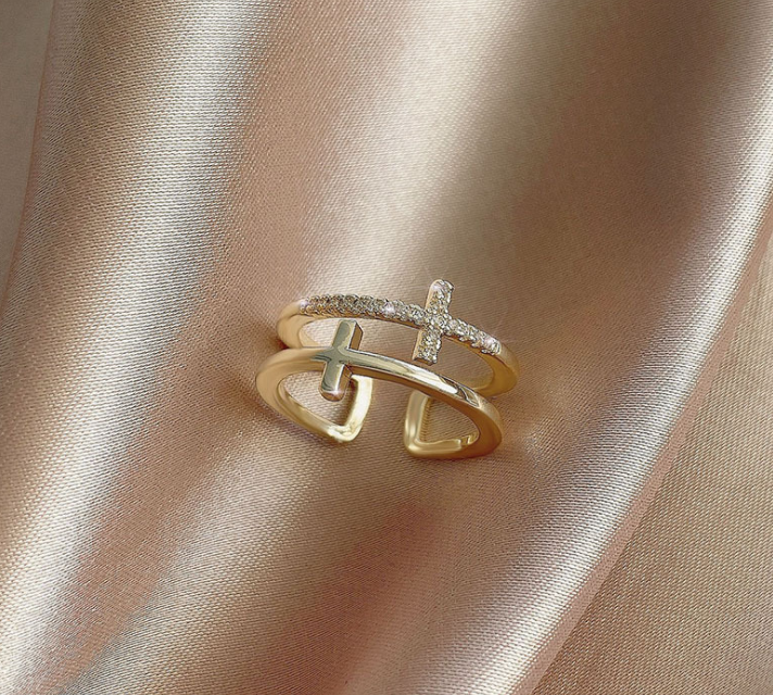 Double Cross Miniature Copper Inlaid Zircon Ring Jewelry DealSniper.net Gold 10PCS