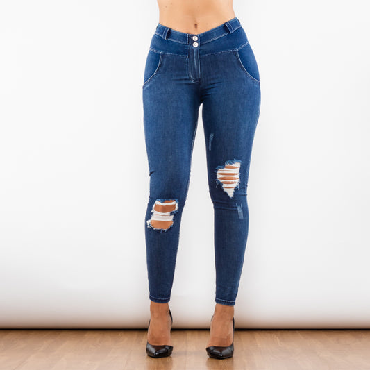 Melody Blue Washed Ripped Middle Waist Ripped Blue Lifting Jegging