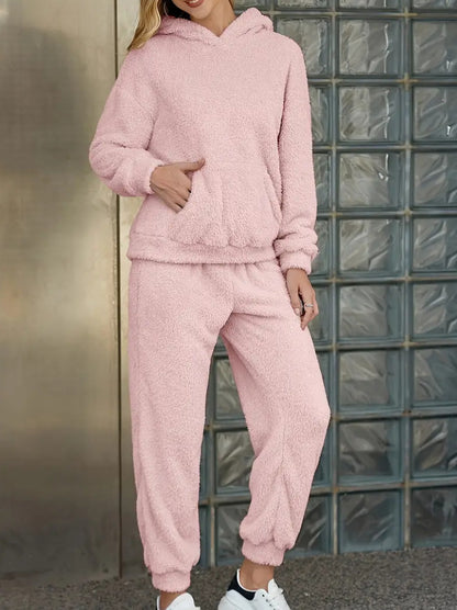 Winter Plush Pajama Set Fashion Casual Hooded Top And Elastic Band Women null