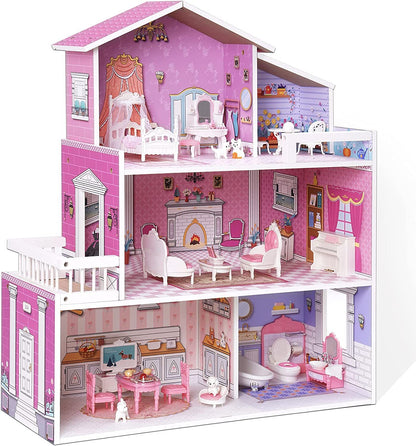 3 Levels Wooden Dollhouse Dreamhouse Girls Gift Kids dealsniper-net