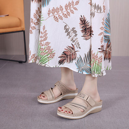 Hollow Wedge Platform Shoes With Velcro Solid Color Casual Roman Slippers Women dealsniper-net