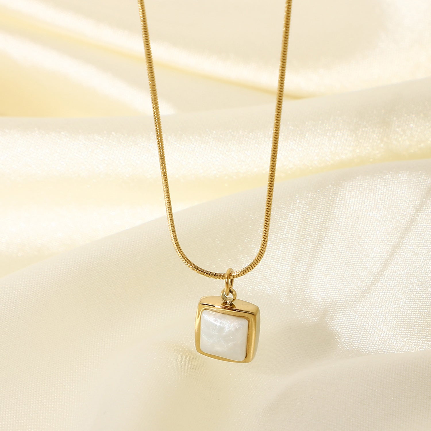 14K Gold Plated Stainless Steel Necklace Square White Jade Jewelry dealsniper-net