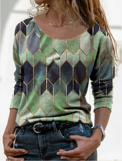 Long sleeve retro geometric print casual top T-shirt Women dealsniper-net Green 3XL