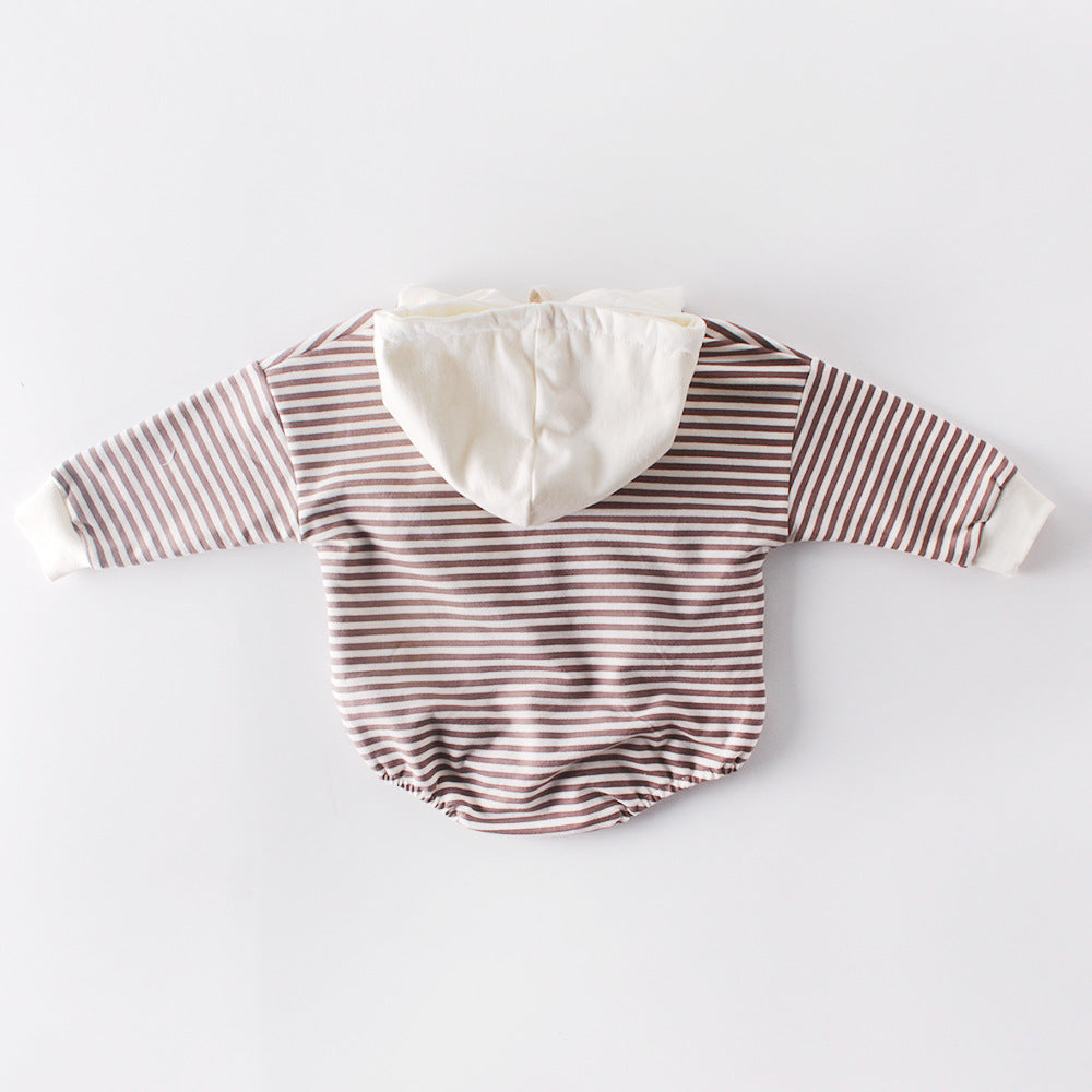 Ins Autumn Baby Striped Baby Clothes Hooded One-piece Hatching Climbing Suit Thickened Kids DealSniper.net