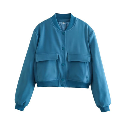 Casual Single-breasted Stand Collar Short Jacket With Pockets Women dealsniper-net Peacock blue L