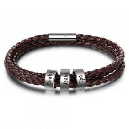 Personalized Mens Braided Genuine Leather Bracelet Stainless Steel