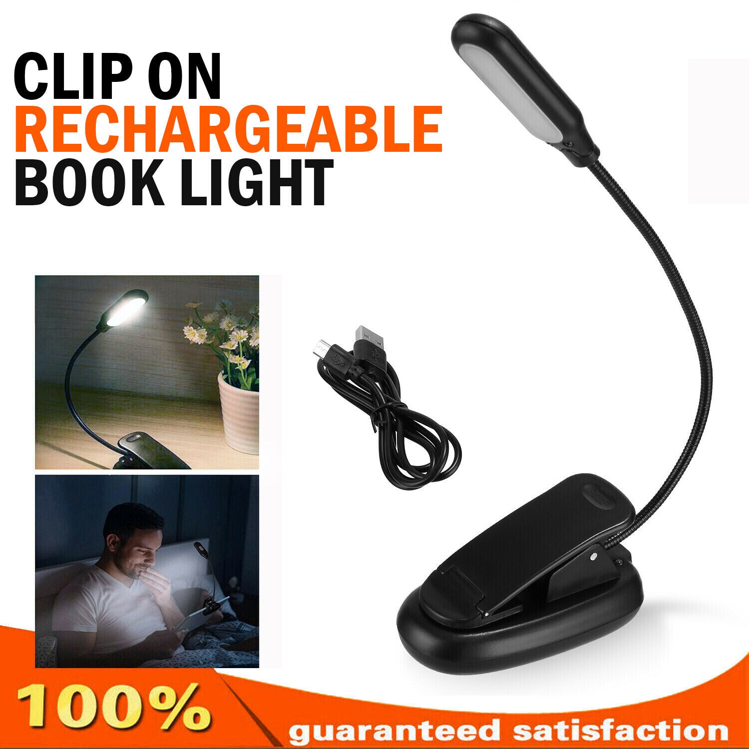 LED Reading Book Light With Flexible Clip USB Rechargeable Lamps For Reader Work Home dealsniper-net Black Book Light