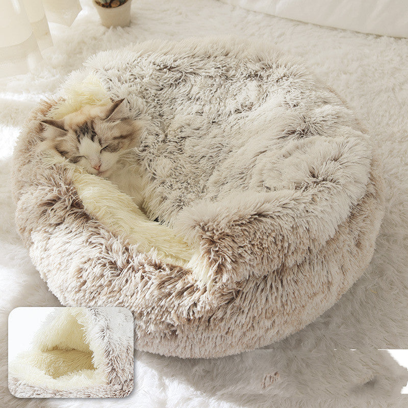 Pet Bed Round Plush Warm Bed House Soft Long Plush Bed 2 In 1 Bed Pets dealsniper-net