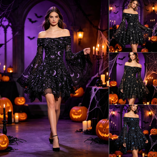 Gothic Style Vintage Mystery Star Moon Long Sleeve A-Line Dress Shoulder Women Gym From House