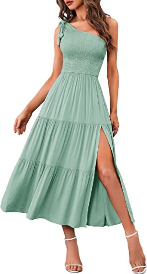 New Summer Fashion Women's One-shoulder Pleated Women dealsniper-net Light Green L