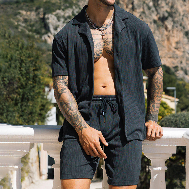 Men's Two Piece Set Short Sleeve Lapel Button Shirts And Shorts Beach Men DealSniper.net