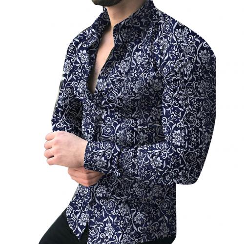 Lapel printed long-sleeved casual floral shirt Men dealsniper-net Blue 3XL