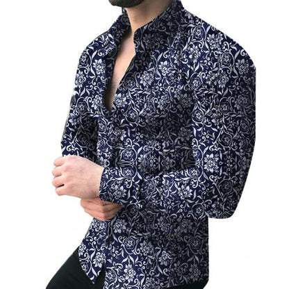 Lapel printed long-sleeved casual floral shirt Men dealsniper-net Blue 3XL