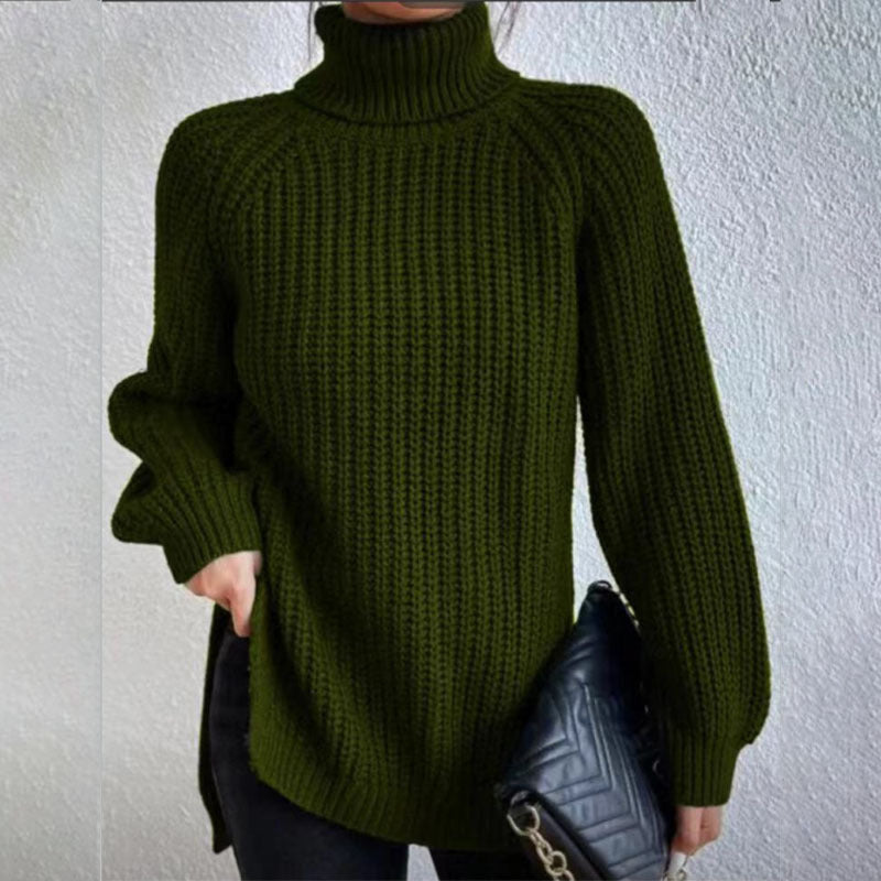 Turtleneck Pullover Sweater With Split Design Fashion Simple