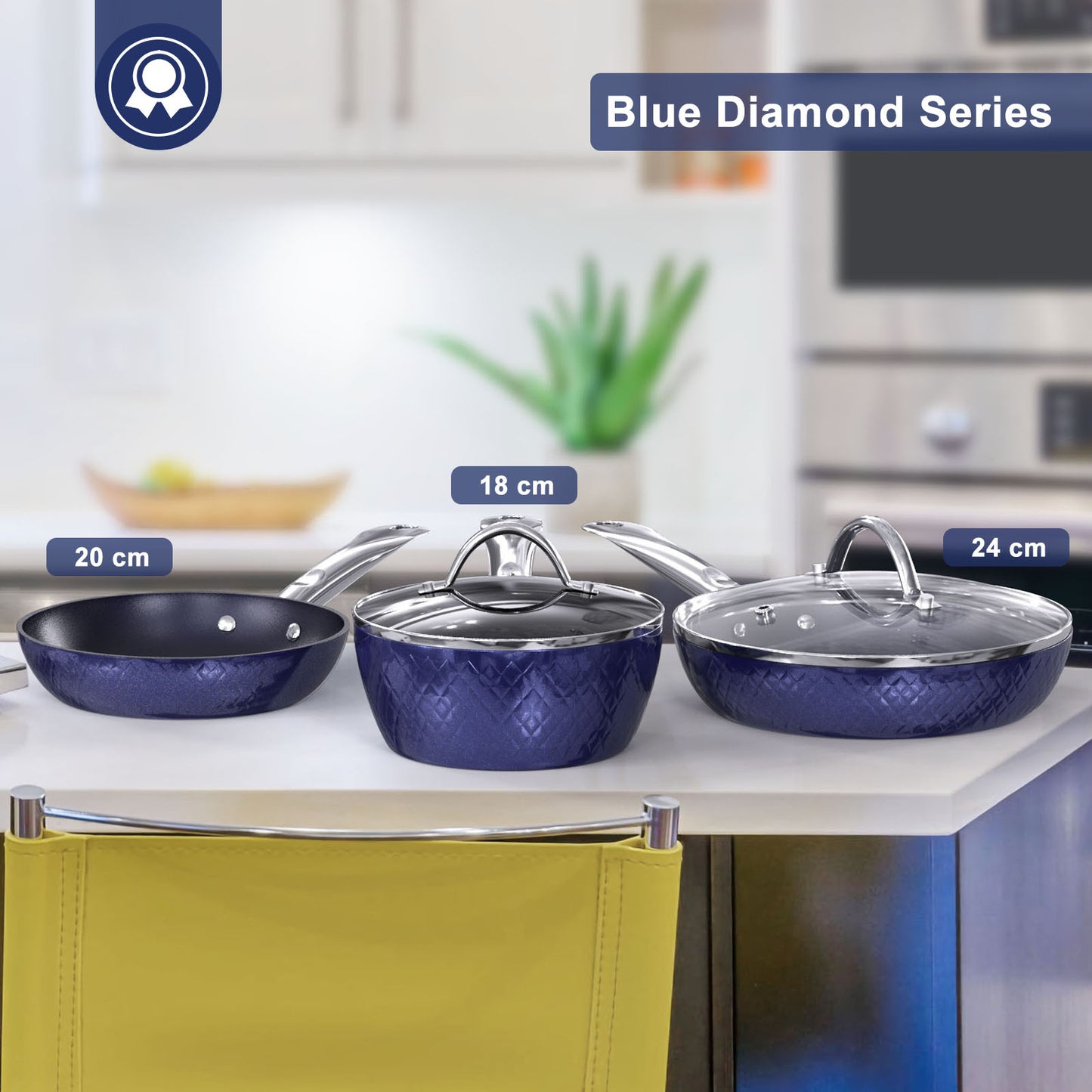 Frying Pan Sets Non Stick 3Pieces Blue 3D Diamond Cookware Kitchen dealsniper-net