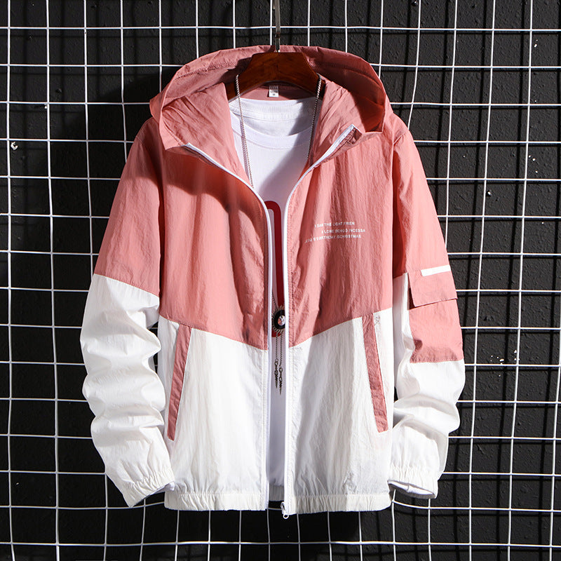 Men's Windbreaker Summer Sun Protection Jacket Loose Hooded Patchwork Men's Jacket Men DealSniper.net Pink 2XL
