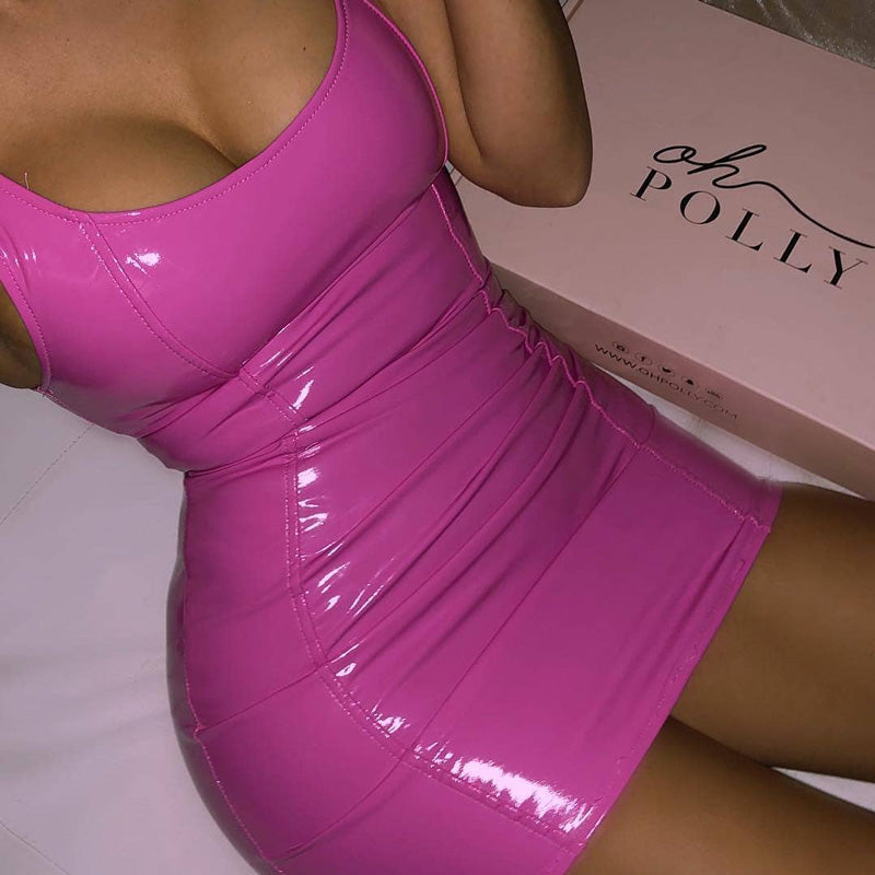 Solid Color Sling Dress Female Sexy Tight Leather Hip Skirt Party Festival Dresses Women dealsniper-net Pink L