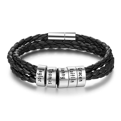 Personalized Mens Braided Genuine Leather Bracelet Stainless Steel