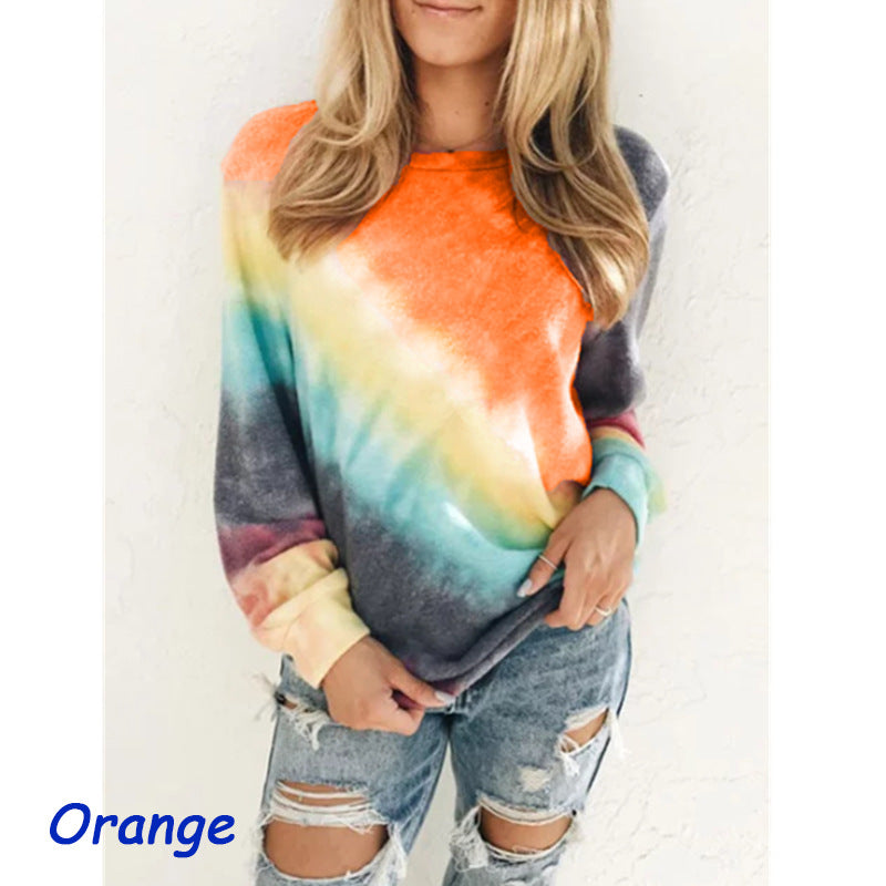 Fashion Tie Dye Rainbow Casual Long Sleeve T-shirt for Women Women dealsniper-net Orange 3XL