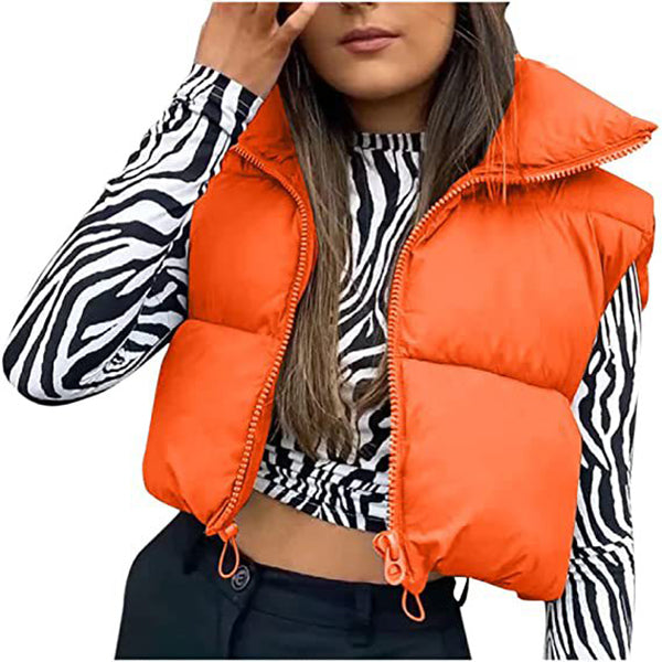 Winter Short Vest For Women Solid Color Zip Sleeveless Lapel Jacket Fashion Bread Coat Women dealsniper-net