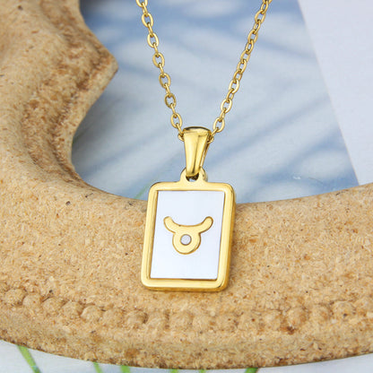 Stainless Steel Square Shell Zodiac Necklace Jewelry dealsniper-net Taurus White