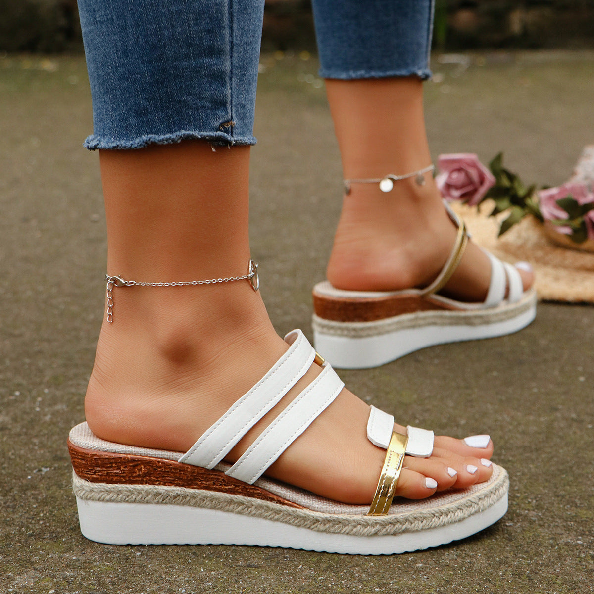 Colorblock-strap Wedges Sandals Summer Fashion Hemp Heel Women dealsniper-net White Size36