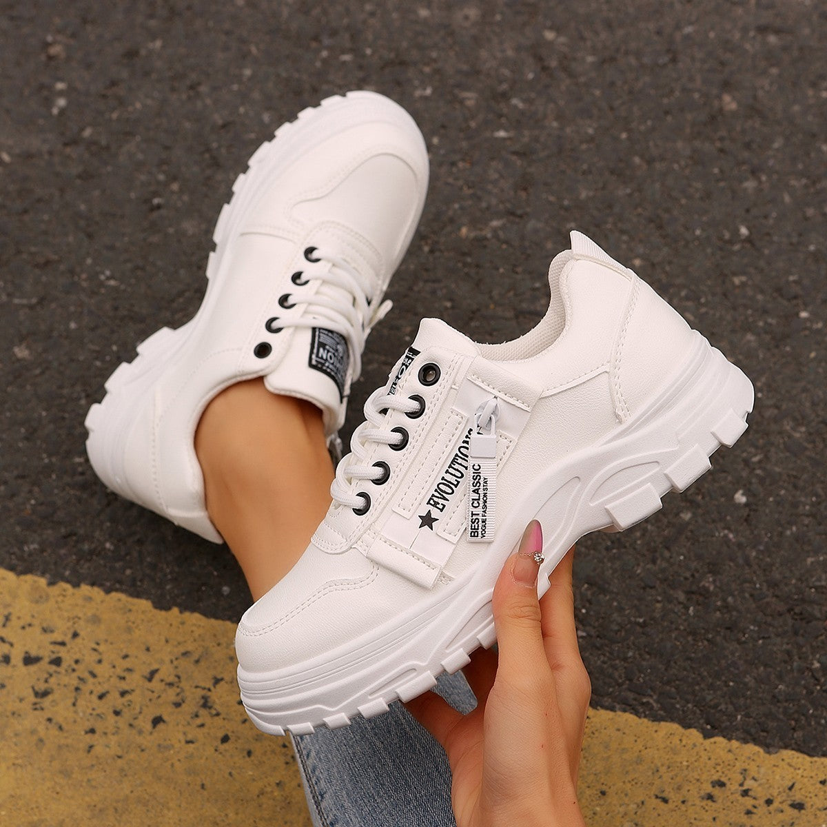 Lace-up Sports Shoes With Side-Zipper Design Fashion Women dealsniper-net White Size36