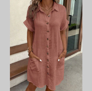 Summer Short Sleeve Shirt Dress Fashion Solid Color Women dealsniper-net Leather pink 3XL