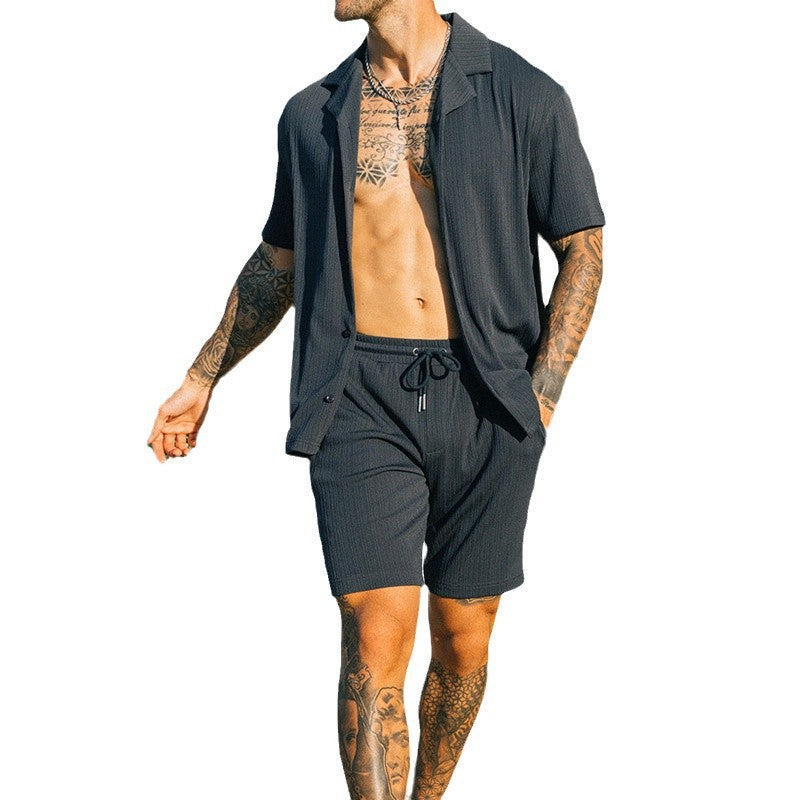 Men's Two Piece Set Short Sleeve Lapel Button Shirts And Shorts Beach Men DealSniper.net