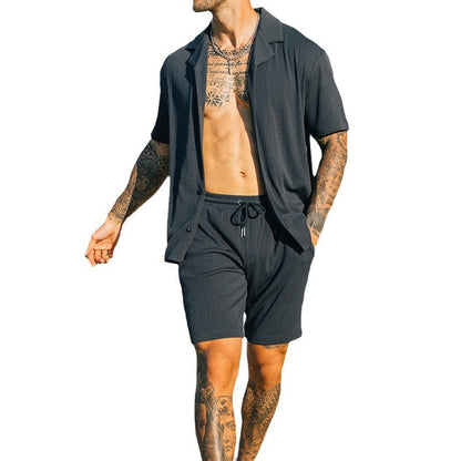 Men's Two Piece Set Short Sleeve Lapel Button Shirts And Shorts Beach Men DealSniper.net