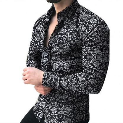 Lapel printed long-sleeved casual floral shirt Men dealsniper-net