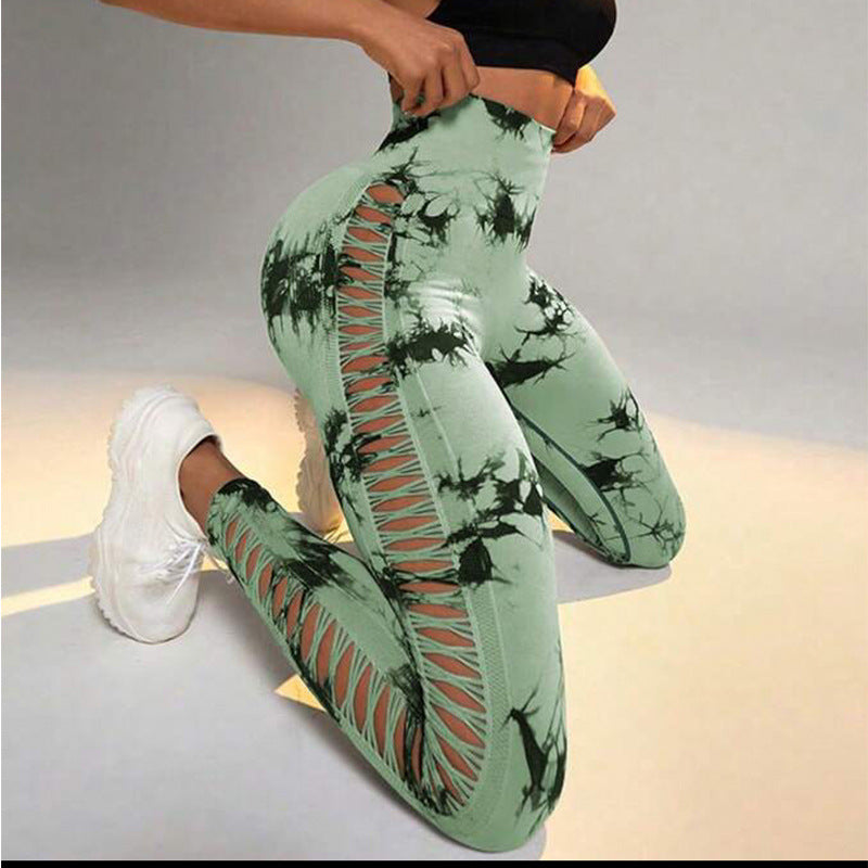Hollow Tie Dye Printed Yoga Pants High Waist Butt Lift Women Gym From House
