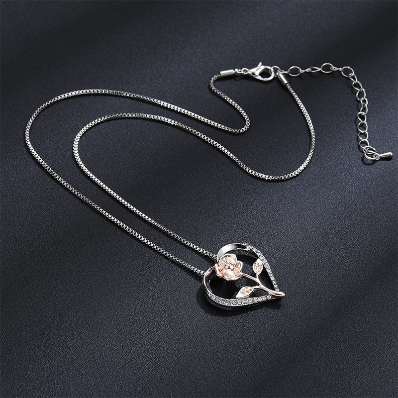 Zircon Heart Rose Silver Necklace For Women Women dealsniper-net