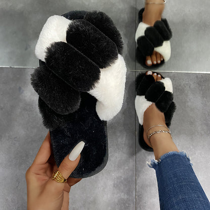 Cross-strap Furry Slippers Home Flat Indoor Floor Bedroom House Shoes Women