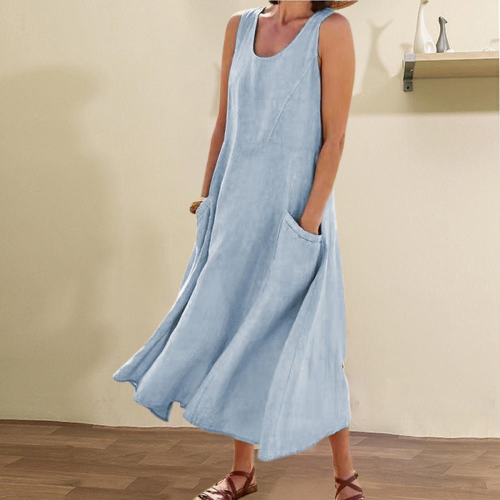 Summer Sleeveless Long Dress With Pockets Fashion Casual Women dealsniper-net Light Blue 2XL