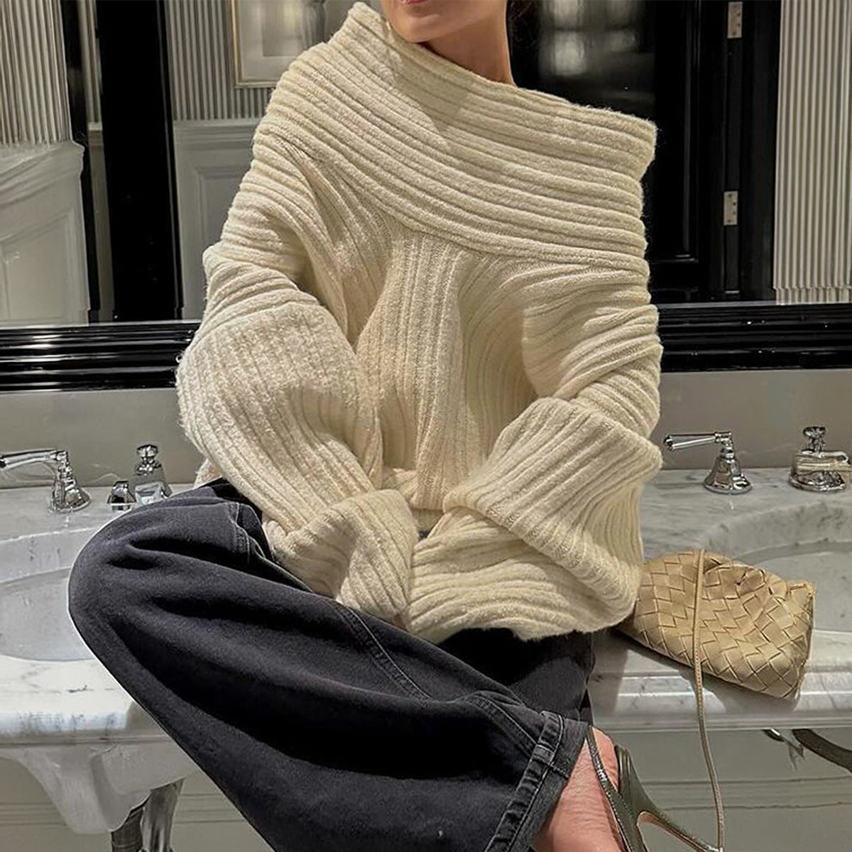 Loose Pullover Trumpet Sleeve Sweater One-shoulder Knitted Tops Women DealSniper.net Apricot L