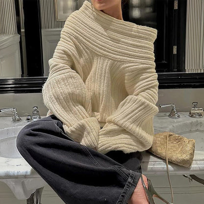 Loose Pullover Trumpet Sleeve Sweater One-shoulder Knitted Tops Women DealSniper.net Apricot L