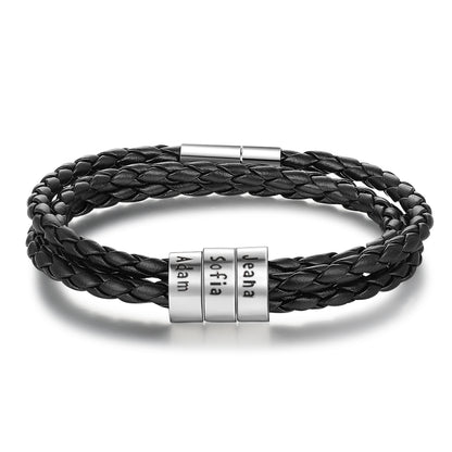 Personalized Mens Braided Genuine Leather Bracelet Stainless Steel