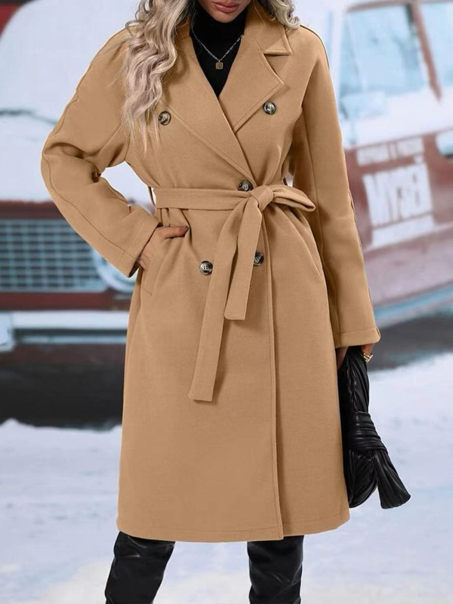 Lapel Double-breasted Trench Coat With Belt Winter Fashion