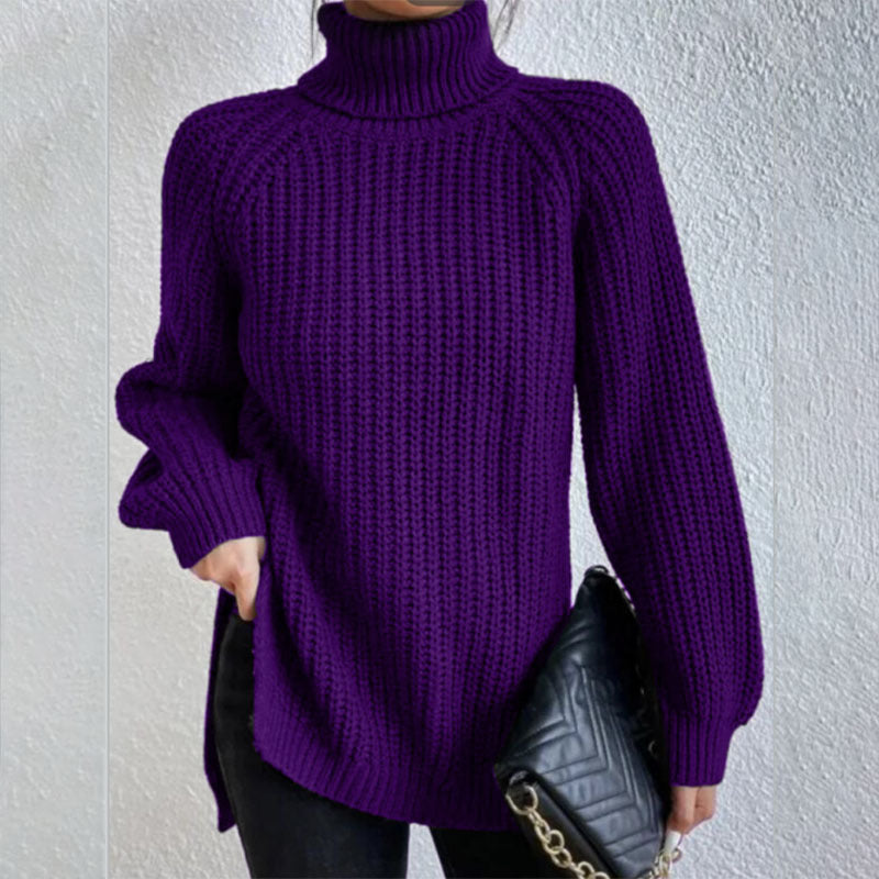 Turtleneck Pullover Sweater With Split Design Fashion Simple