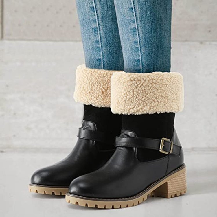 Fashion Boots With Buckle Chunky Heel Shoes Warm Winter