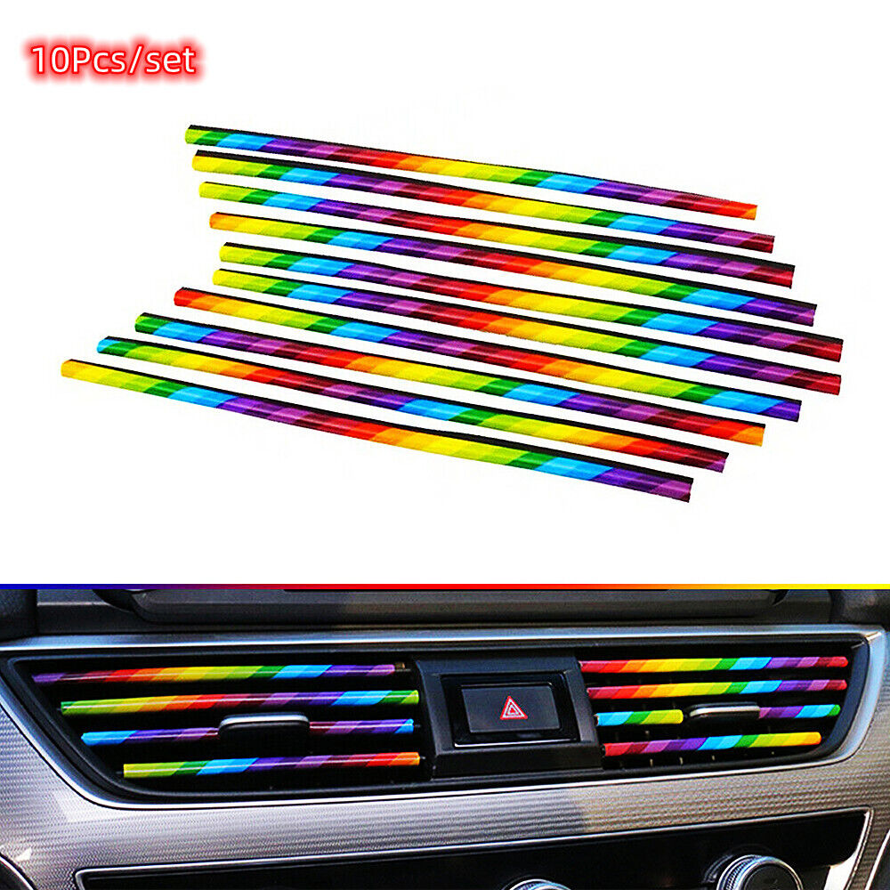 New 10pcs Car Interior Air Conditioner Vent Outlet Decoration Stripes Cover Rainbow Vehicle dealsniper-net