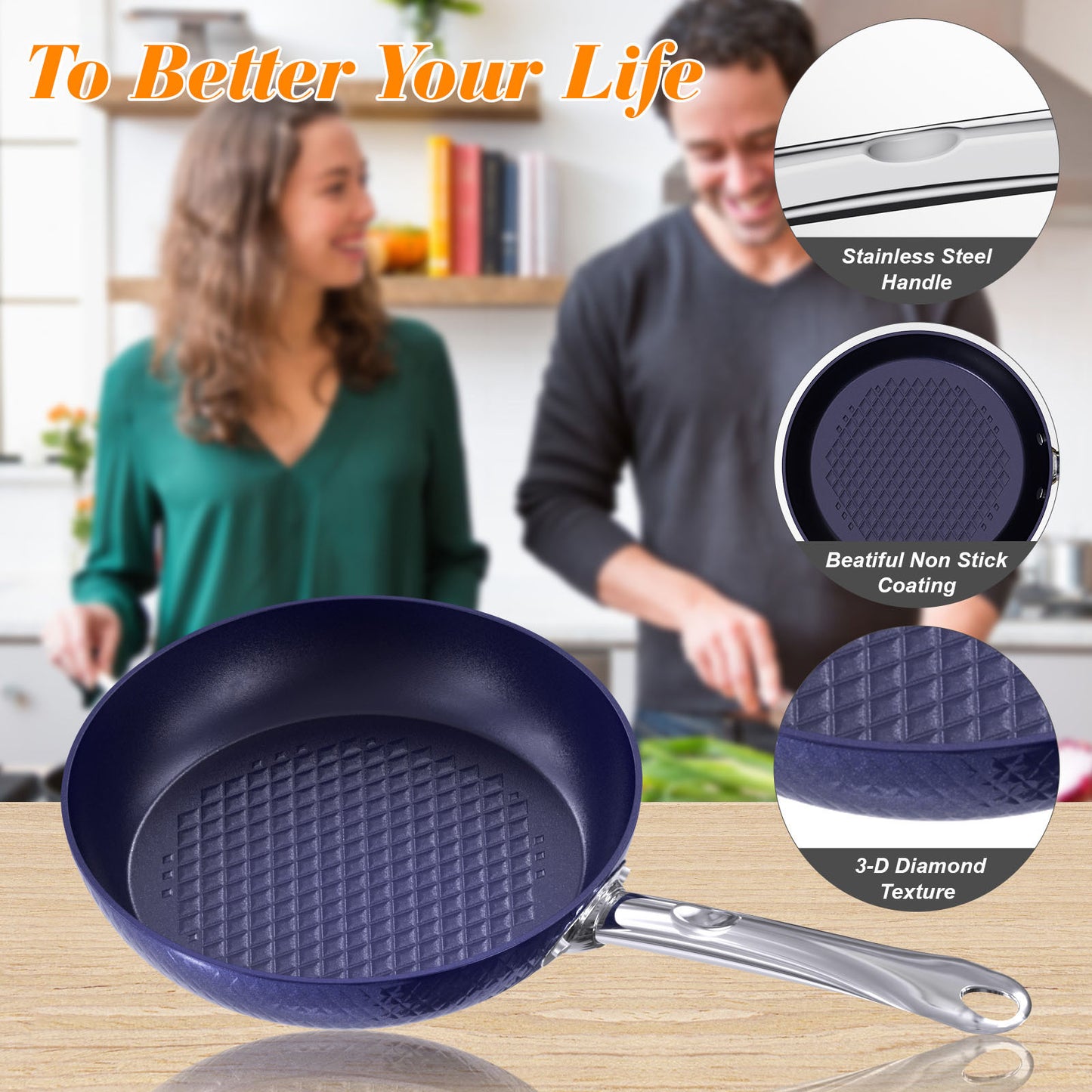 Frying Pan Sets Non Stick 3Pieces Blue 3D Diamond Cookware Kitchen dealsniper-net