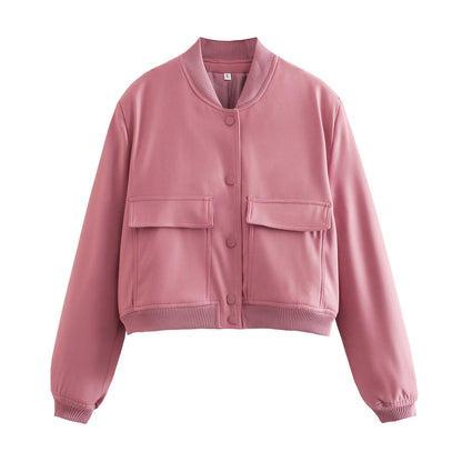 Casual Single-breasted Stand Collar Short Jacket With Pockets Women dealsniper-net Pink L