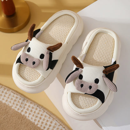 Cute Cartoon Cow Frog Slippers Linen Non-slip Shoes Indoor Women dealsniper-net Cows 36or37