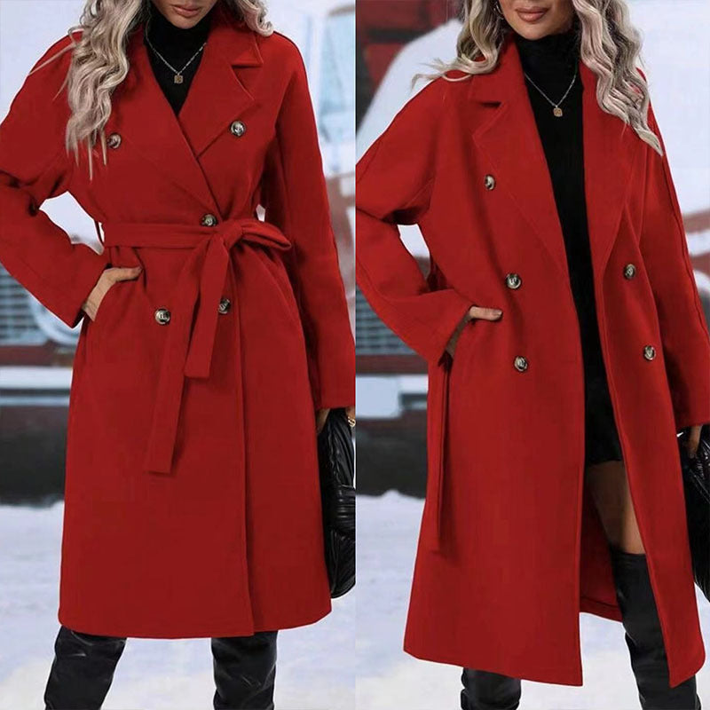 Lapel Double-breasted Trench Coat With Belt Winter Fashion