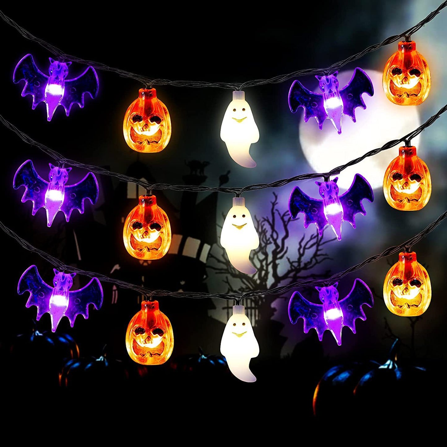 LED Halloween Pumpkin Spider Bat Skull String Light Lamp Garden dealsniper-net Purple Bat Ghost Pumpkin 10 M 80 Light Always On USB